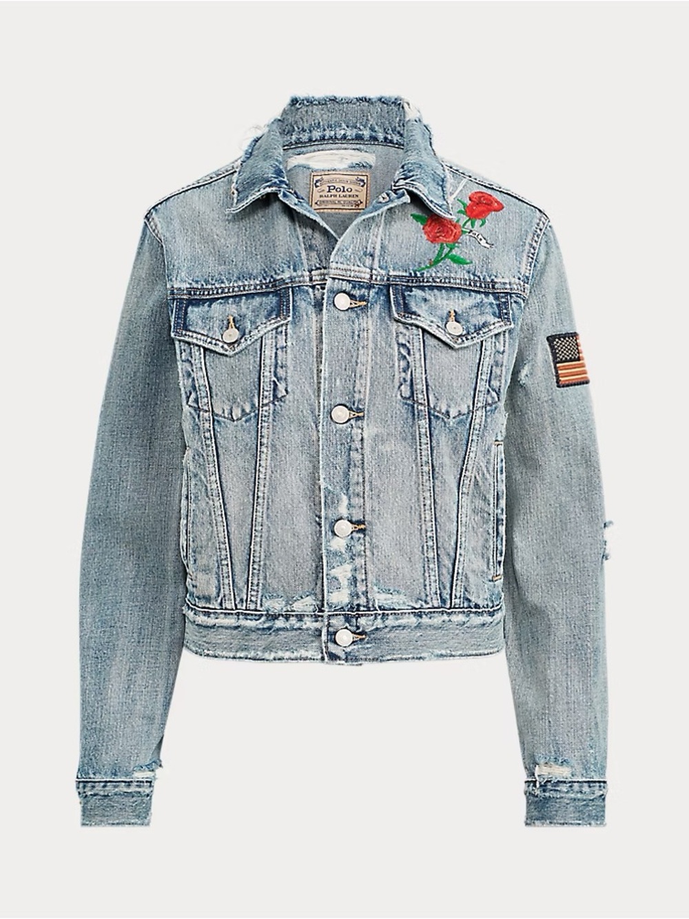 NWT Polo Ralph Lauren Distressed Denim Jacket Rose Embroidered Flag Patch Small - Picture 12 of 12